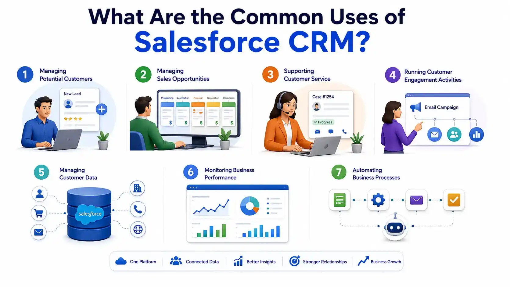 Common uses of Salesforce CRM for sales, customer service, marketing, automation, and reporting